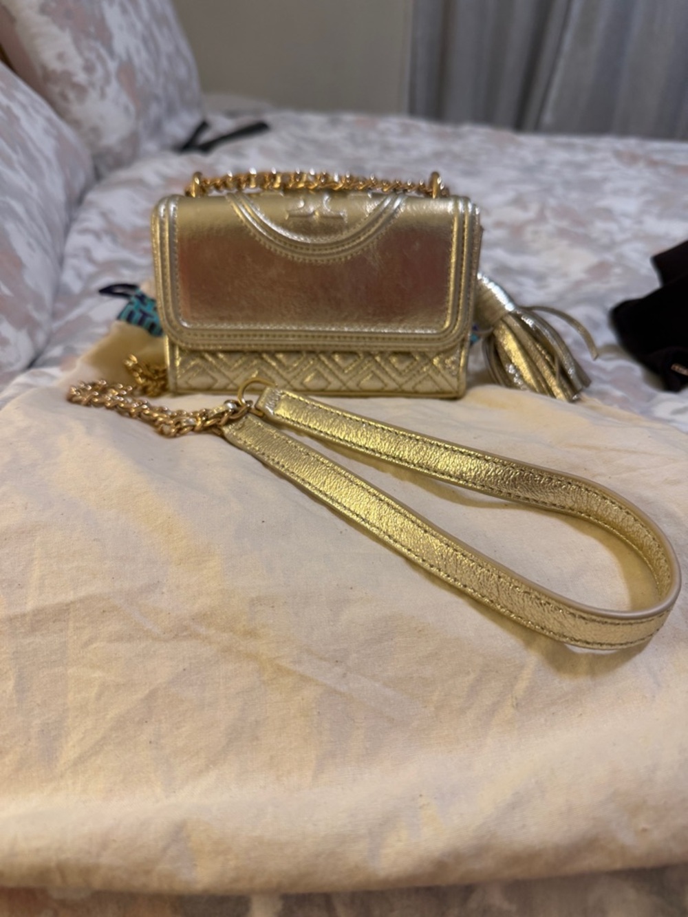 Tory Burch Metallic Gold Leather Tassel Crossbody
